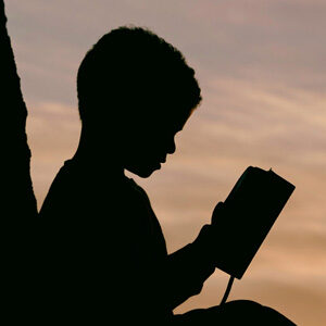 silhouette of child reading outside